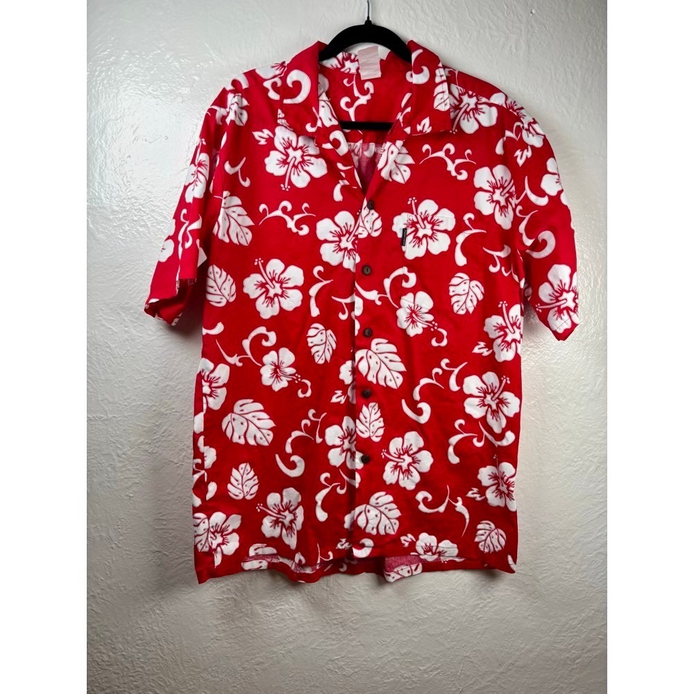 Palmwave Hawaii Shirt Mens XXL Red White Hibiscus Floral Resortware Vacation
